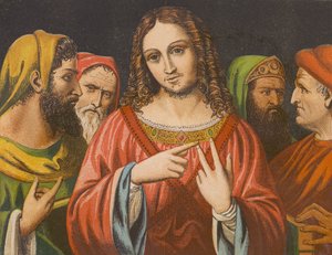 Jesu Kristi autoritet avhørt i tempelet (farge litho) av English School