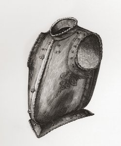 Rygg og brystplate, åpning foran, kjent som Waistcoat Breastplate, ca. 1580, fra The British Army: Its Origins, Progress and Equipment, publisert 1868. av English School