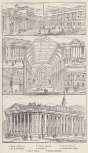 Bank of England, Zollhaus, Mansion House, Börse, Guildhall, Hauptpostamt, Trinity House, Royal Exchange (Stich)