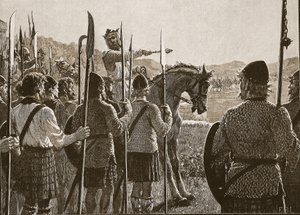 Bannockburn: Bruce gjennomgår troppene sine før kamp, illustrasjon fra Cassells Illustrated History of England (sepiafoto) av English School