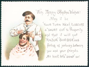 Frisør klipper hår, julekort av English School