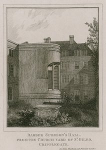Barber Surgeons Hall, Monkwell Street, London, sett fra kirkegården til St Giles, Cripplegate av English School