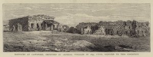Brakker ved Cawnpore, forsvart av general Wheeler i 1857, inntil redusert til denne tilstanden (gravering) av English School