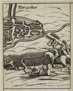 Battle of Worcester-scenen, fra "The History of his Sacred Majesties most Wonderfull Preservation, after the Battle of Worcester" av English School