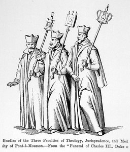 Beadles ved de tre fakultetene for teologi, rettsvitenskap og medisin, fra begravelsen til Charles III (1543-1608) hertugen av Lorraine, illustrasjon fra vitenskap og litteratur i middelalderen og th av English School