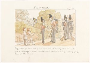 Be om unnskyld ære, men hvis din ære vennligst ville låne meg et par shilling, tror jeg at jeg kan verve de to unge guttene til trommene, ca. 1850 (akvarell på papir) av English School