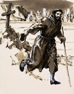 I troen på at han hadde oppdaget El Dorado, reiste en munk et kors for å gjøre krav på den skinnende byen (gouache på papir) av English School