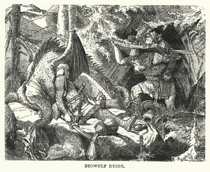 Beowulf døende (gravering) av English School