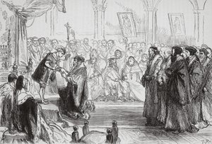 Beza presenterer den franske protestantiske kirkens bekjennelse for kongen ved Colloquy of Poissy, illustrasjon fra The History of Protestantism av James Aitken Wylie (1808-1890), pub. 1878 (eng av English School