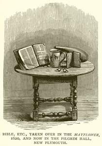 Bibelen, etc., overtatt i Mayflower, 1620, og nå i Pilgrim Hall, New Plymouth av English School