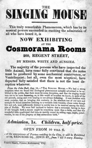 Bill-plakat for utstillingen The Singing Mouse i Cosmorama Rooms, 209 Regent Street, ca. 1836 av English School