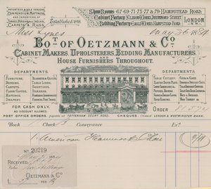 Bill fra Oetzmann & Co, møbelsnekkere, møbeltrekkere, sengetøyprodusenter og husmøblere av English School