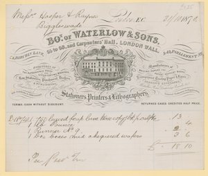 Bill fra Waterlow and Sons, 66-68 Carpenters Hall, London Wall, stasjonærer av English School