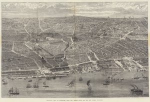 Fugleperspektiv av Liverpool, fra Mersey, med alle de nye offentlige bygningene av English School
