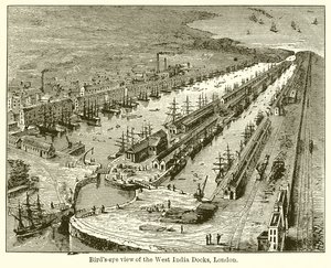 Fugleperspektiv av West India Docks, London av English School