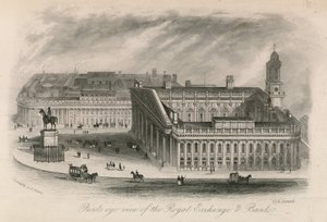 Fugleperspektiv av Royal Exchange and Bank av English School