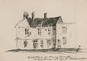 Fødested til Henry Purcell, St Anns Lane, Old Pye Street, Westminster (blekk på papir) av English School