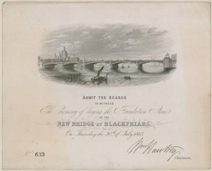 Blackfriars Bridge. Invitasjon til seremoni for nedlegging av grunnsteinen, 20. juli 1865 av English School