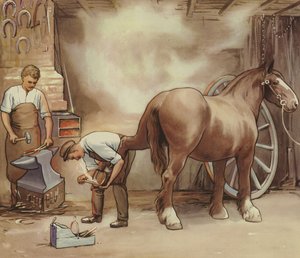 Smed som skoer en hest (farge litho) av English School