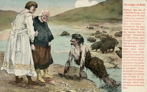 Bladud, en legendarisk konge av britene som ble sagt å ha grunnlagt byen Bath (farge litho) av English School