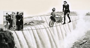 Blondin (Francois Gravelet) skyver en trillebår over en stram tau over Niagara Falls av English School