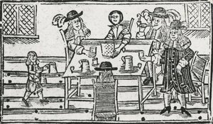 Boardgame and drinking at tavern (woodcut) av English School