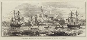 Bombardement av Mombasa av HMS Nassau og Rifleman and Boats of HMS London (gravering) av English School