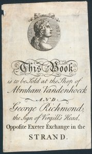 Bokplate, denne boken skal selges i butikken til Abraham Vandenhoeck og George Richmond av English School
