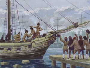 Boston Tea Party (gouache på papir) av English School