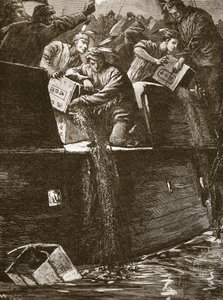 Boston-#39;gutter#39; forkledd som indianere som kaster tekistene i havnen, illustrasjon fra #39;Cassell#39;s Illustrated History of England#39; (gravering) (sepiafoto) av English School