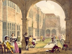 Bowls on the Terrace at Bramshill i 1600, fra Architecture of the Middle Ages av Joseph Nash, utgitt i 1838