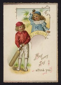 Gutt og jente spiller cricket, gratulasjonskort, sent på 1800- eller tidlig på 1900-tallet av English School