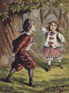 Gutt og jente leker med balltre og ball (fargelitografi) av English School
