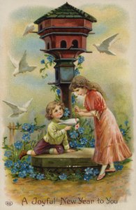 Gutt og jente sender julehilsener med due (chromolitho) av English School