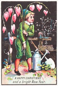 Gutt som bærer Bleeding Heart-blomster, julekort av English School