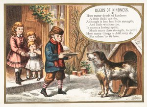 Gutt mater hund i kennel, julekort av English School