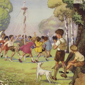 Gutt som filmer barn som danser rundt en mai-pol (farge litho) av English School