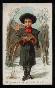 Gutt som holder en fasan, julekort. (chromolitho) av English School