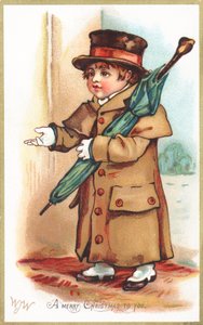 Junge hält Regenschirm an der Tür, Weihnachtskarte