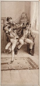Gutt spiller et spill der han må prøve å unngå å tråkke på egg mens han har bind for øynene (litho) av English School