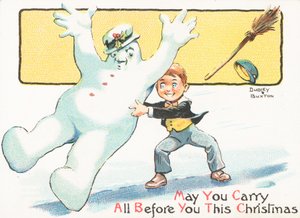 Gutt skyver snømannen på isen, julekort av English School