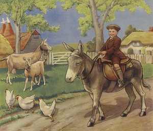 Gutt som rir på et esel på det engelske landskapet (farge litho) av English School
