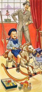 Junge reitet auf einem Schaukelpferd von English School