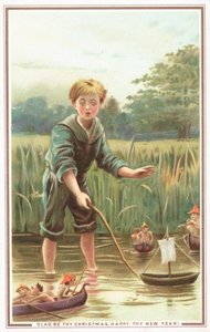 Guttseilbåt og ser på Pixies, julekort av English School