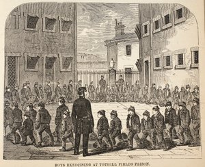 Gutter som trener i Tothill Fields Prison, illustrasjon fra The Criminal Prisons of London og Scenes from Prison Life av Henry Mayhew og John Binny, pub. 1862 av English School