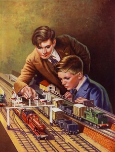 Gutter leker med et togsett (farge litho) av English School