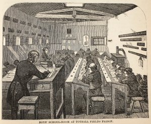 Gutteskolerom i Tothill Fields Prison, illustrasjon fra The Criminal Prisons of London og Scenes from Prison Life av Henry Mayhew og John Binny, pub. 1862 av English School