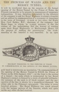 Armbånd presentert til prinsessen av Wales til minne om åpningen av Mersey-tunnelen (gravering) av English School