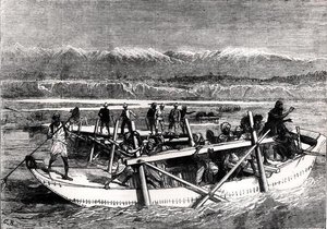 Bygger bro over Kabul-elven ved Jellalabad (gravering) (s/hvitt-bilde) av English School