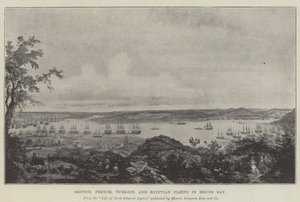 Britiske, franske, tyrkiske og egyptiske flåter i Beicos Bay (litho) av English School